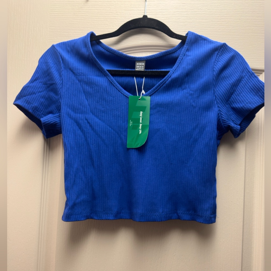 Shein Royal Blue Ribbed V-Neck Crop Top